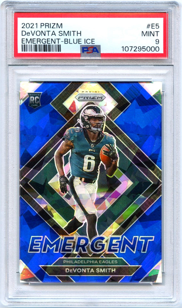 Devonta Smith RC 2021 Panini Prizm Blue Ice Emergent Rookie SP 37/99 PSA 9