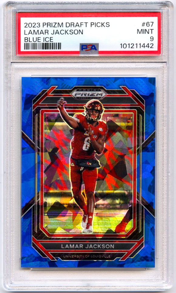 Lamar Jackson 2023 Panini Prizm Draft Blue Ice 89/99 PSA 9