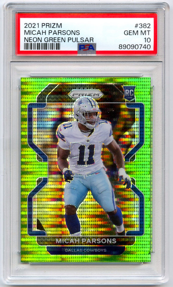 Micah Parsons RC 2021 Panini Prizm Neon Green Pulsar Rookie #382 PSA 10