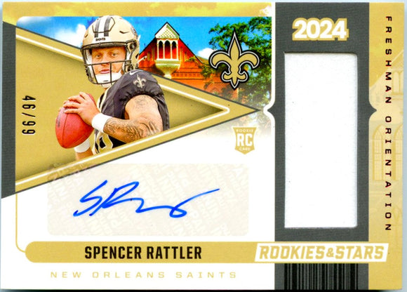 Spencer Rattler RC 2024 Panini Rookies & Stars Freshman Orientation Rookie Patch Auto SP 49/99