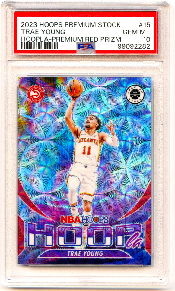 Trae Young 2023-24 Panini NBA Hoops Premium Stock Red Scope Hoopla SP 12/88 PSA 10