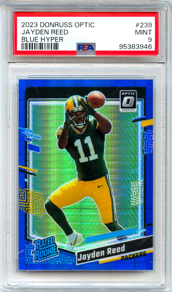 Jayden Reed RC 2023 Donruss Optic Blue Hyper Rated Rookie #239 PSA 9