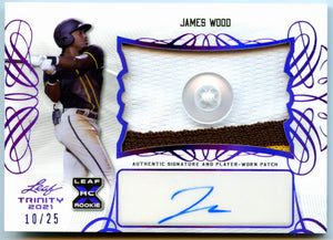 James Wood RC 2021 Leaf Trinity Purple Rookie Button Jersey Patch Auto SP 10/25