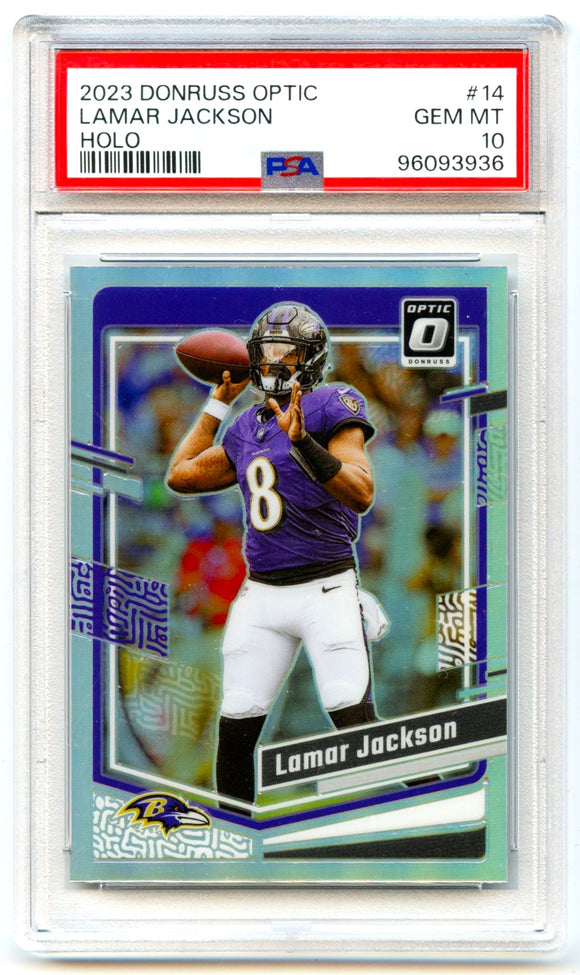 Lamar Jackson 2023 Donruss Optic Holo Prizm #14 PSA 10