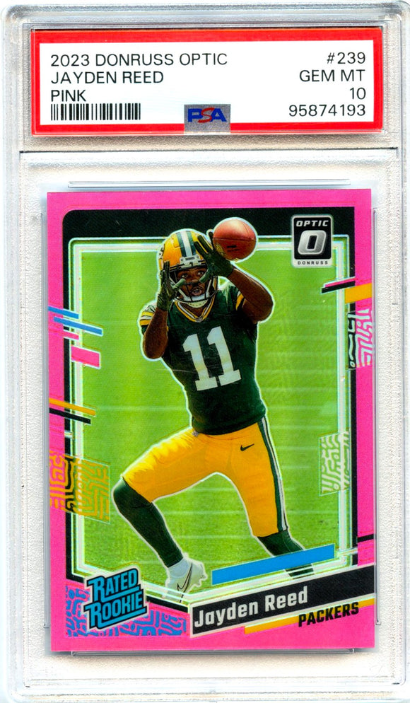 Jayden Reed RC 2023 Donruss Optic Pink Prizm Rated Rookie #239 PSA 10