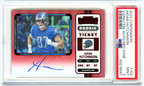 Aidan Hutchinson RC 2022 Panini Contenders Red Zone Variation Rookie Ticket Auto #102 PSA 9