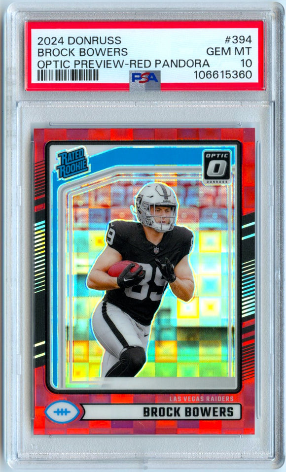 Brock Bowers RC 2024 Donruss Optic Preview Red Pandora Rated Rookie #394 PSA 10