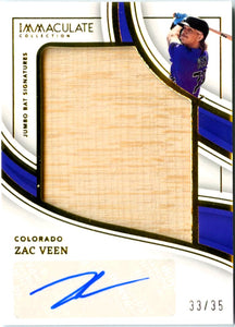 Zac Veen 2023 Immaculate Collection Jumbo Bat Piece Auto SP 33/35