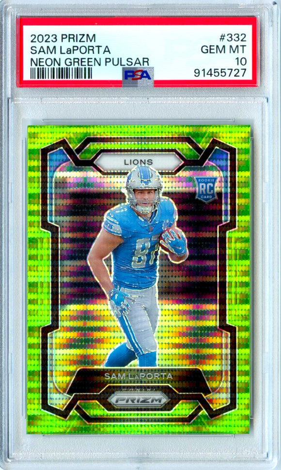 Sam Laporta RC 2023 Panini Prizm Neon Green Pulsar Rookie #332 PSA 10