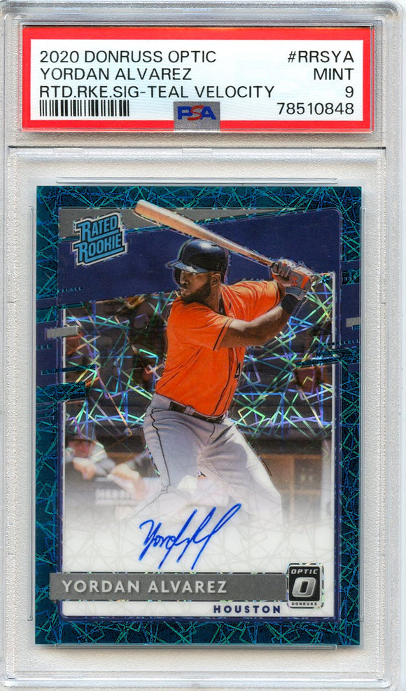 Yordan Alvarez RC 2020 Donruss Optic Teal Velocity Rated Rookie Auto 31/35 PSA 9