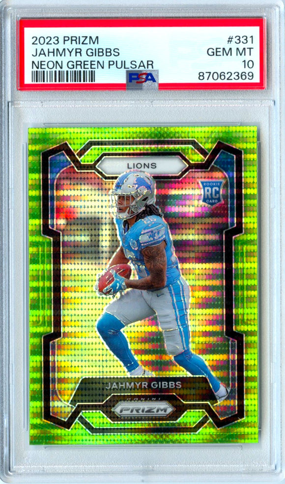 Jahmyr Gibbs RC 2023 Panini Prizm Neon Green Pulsar Rookie #331 PSA 10