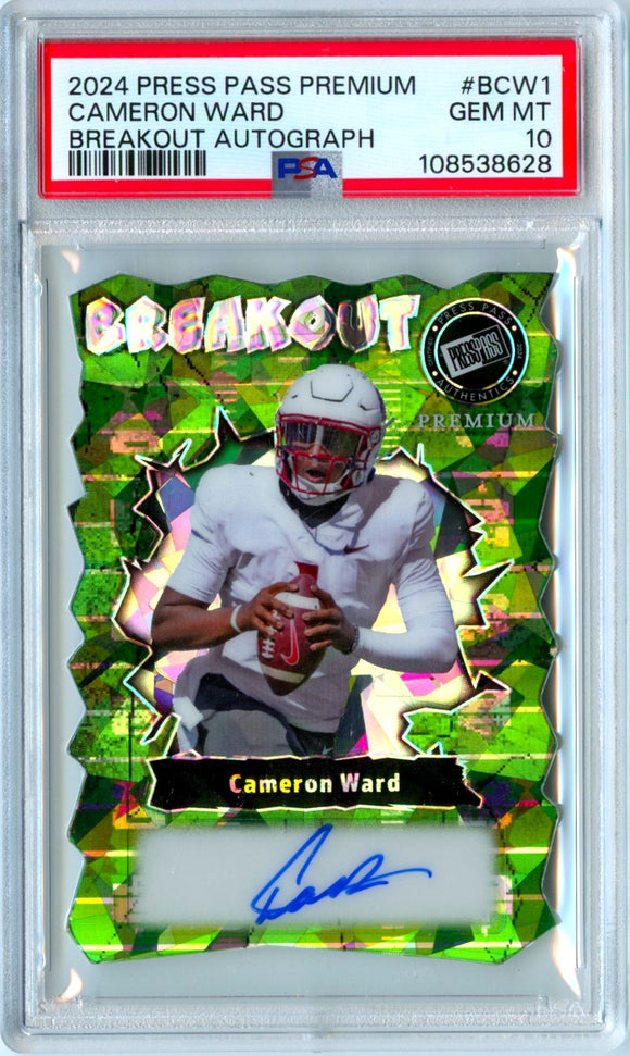 Cameron Ward RC 2024 Press Pass Premium Green Ice Breakout Rookie Auto SP 7/10 PSA 10
