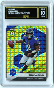 Lamar Jackson 2021 Panini Mosaic Yellow Reactive #19 GMA 10